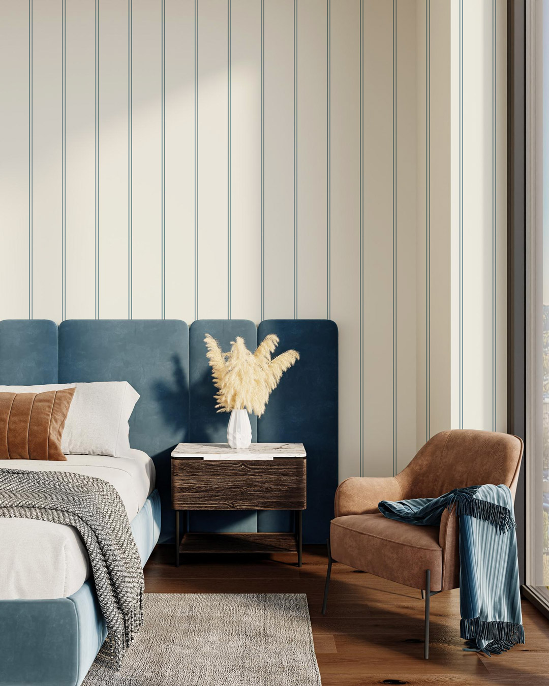 ALPHIE - Papier peint rayures sages bleu gris chambre parentale