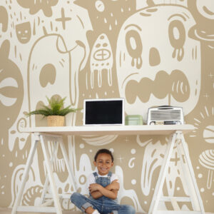 PETER - Papier peint doodle monstres beige bureau