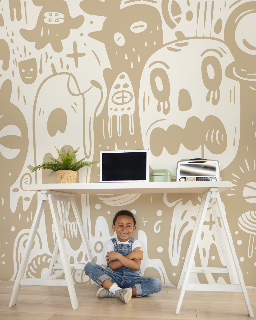 PETER - Papier peint doodle monstres beige bureau