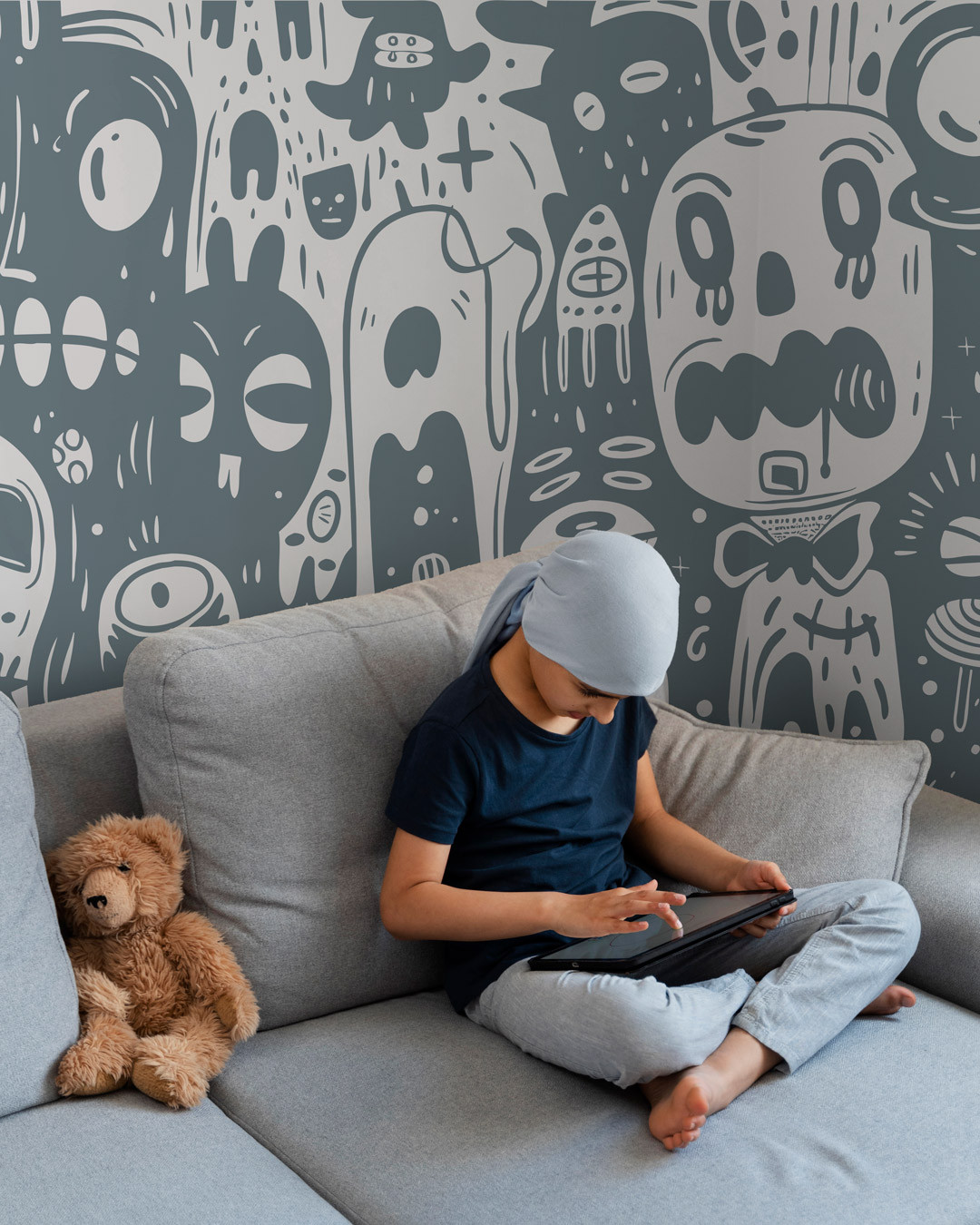 PETER - Papier peint doodle monstres bleu chambre 2