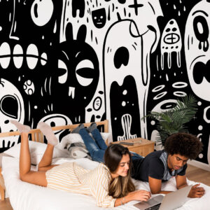 PETER - Papier peint doodle monstres noir chambre