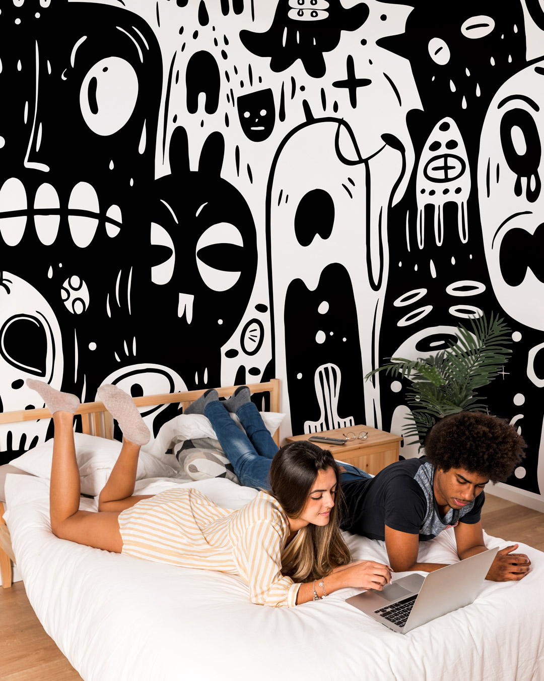 PETER - Papier peint doodle monstres noir chambre