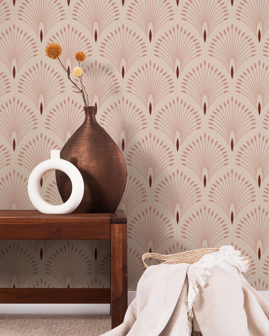 ANGIE - Papier peint palme art nouveau rose entrée