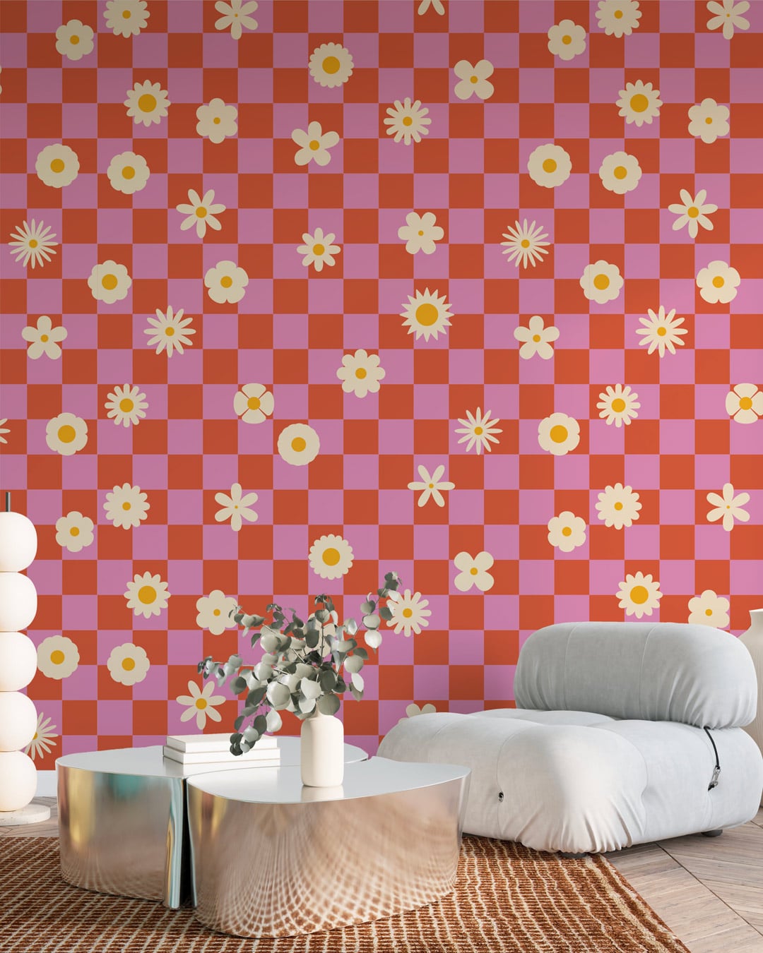 GIO - Papier peint damier fleuri printanier salon de lecture