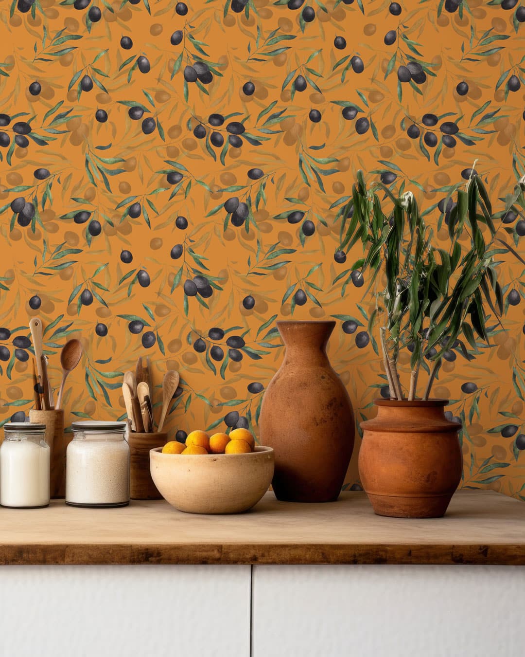 LALY - Papier peint provençal branches d’olivier cuisine