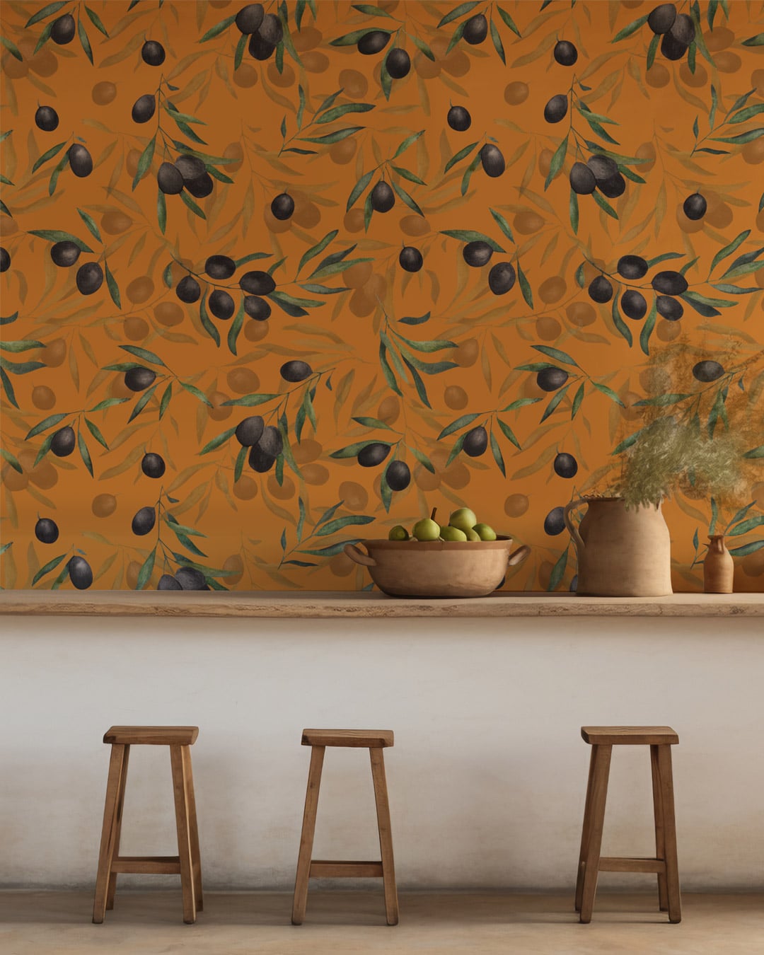 LALY - Papier peint provençal branches d’olivier cuisine