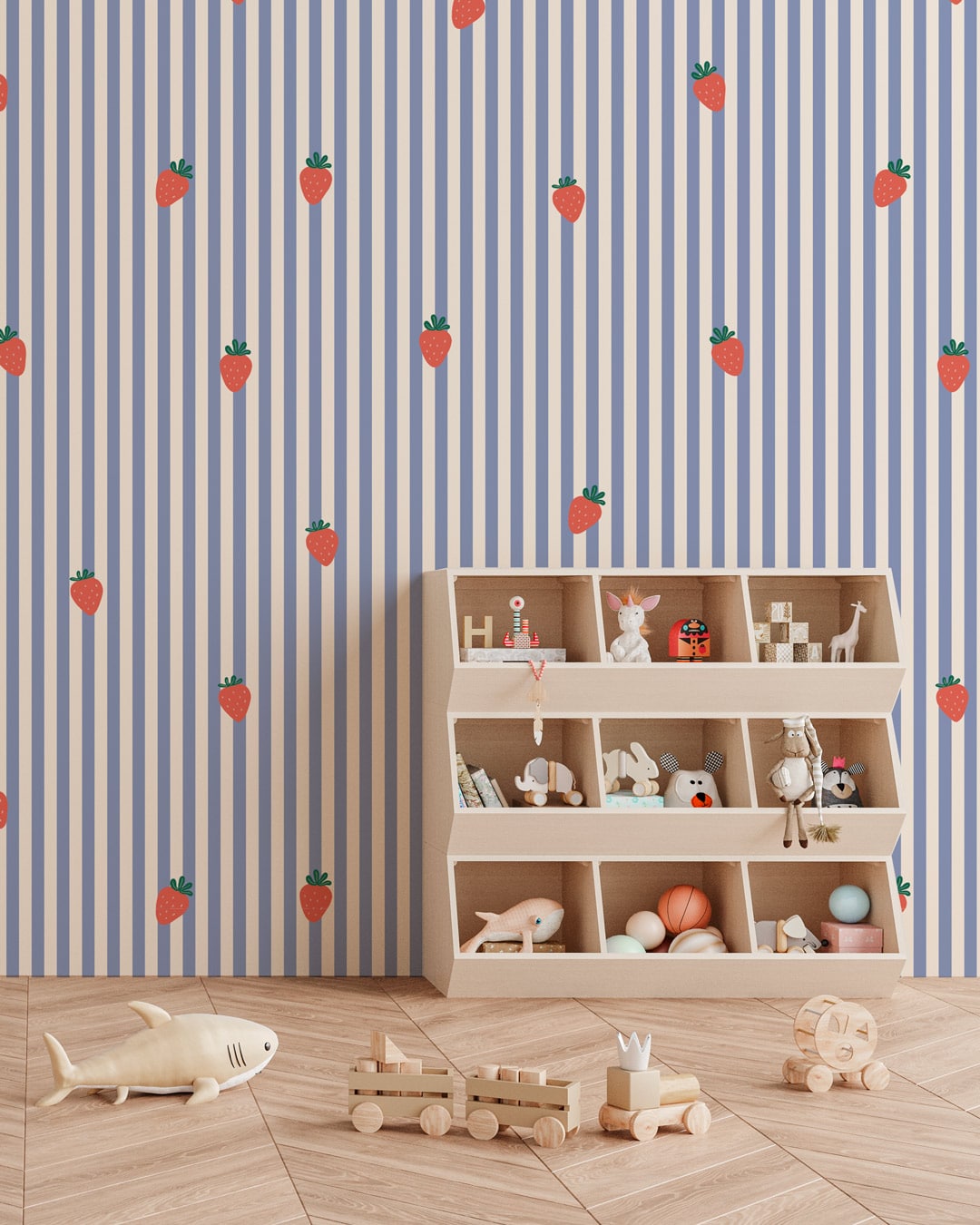 MARILYNE - Papier peint rayures fines et petites fraises violet chambre enfant