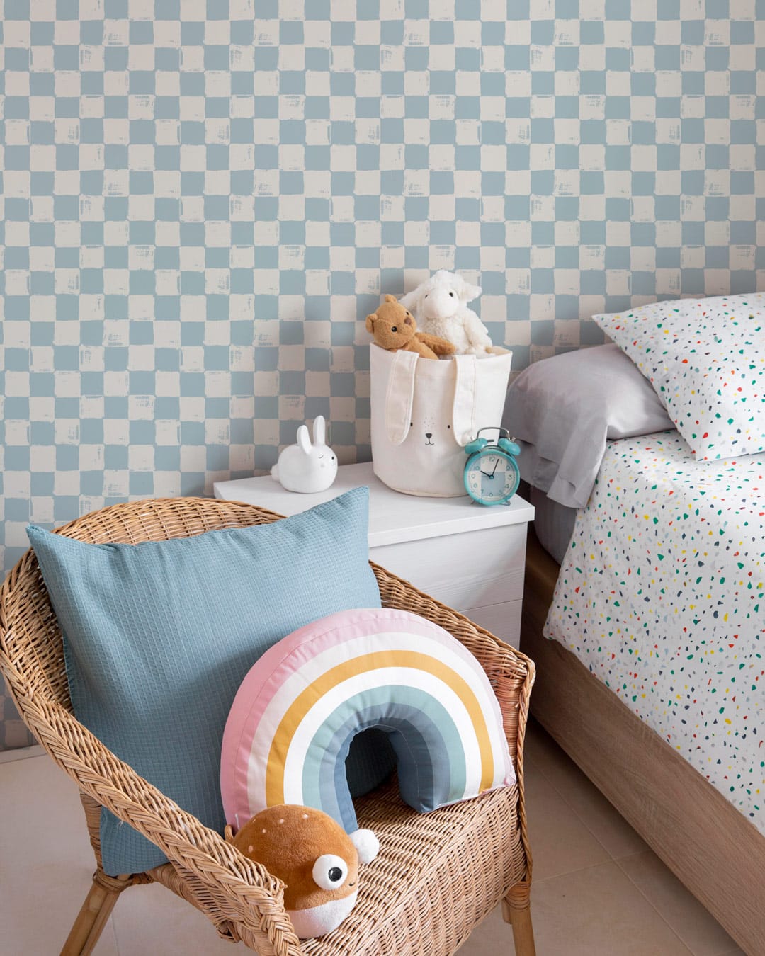 YOKO - Papier peint damier effet brush bleu chambre enfant