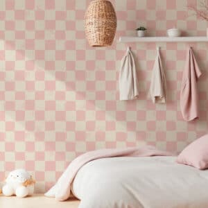 YOKO - Papier peint damier effet brush rose chambre d'enfant