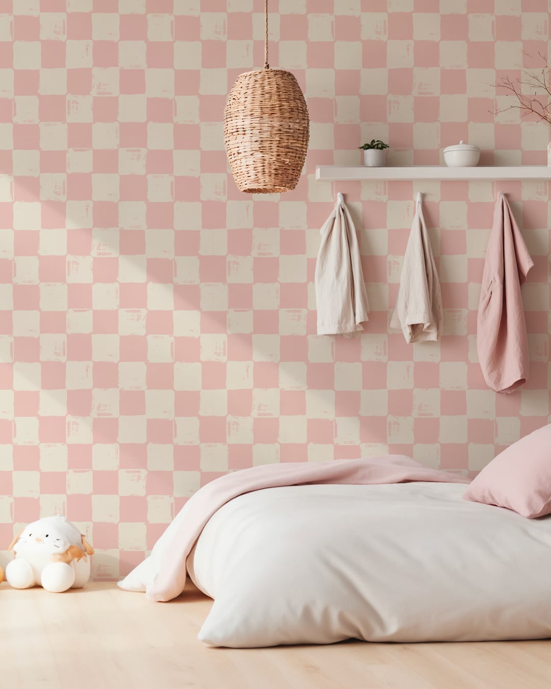 YOKO - Papier peint damier effet brush rose chambre d'enfant