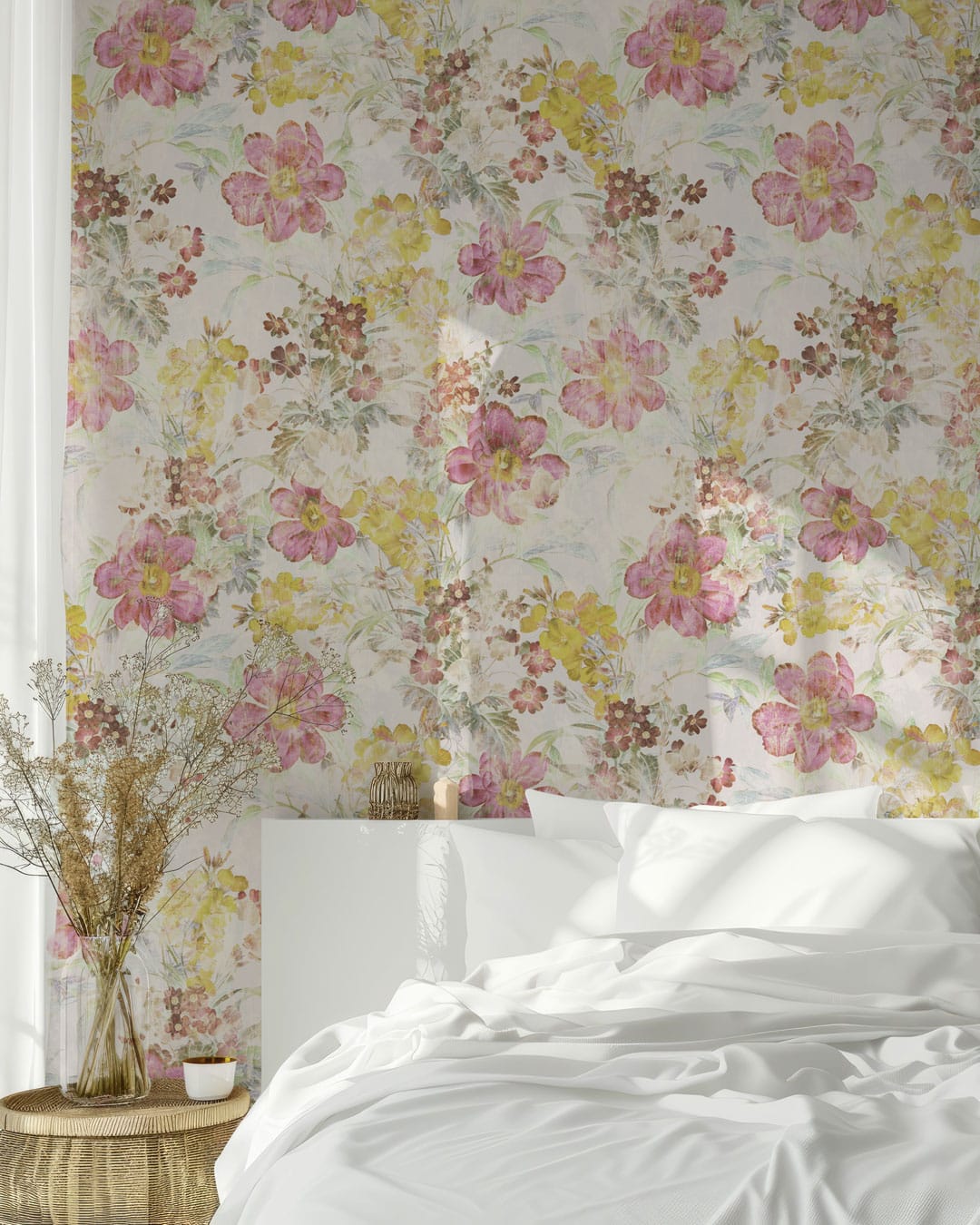CARLOTA - Tapisserie fleurie effet brush jaune chambre