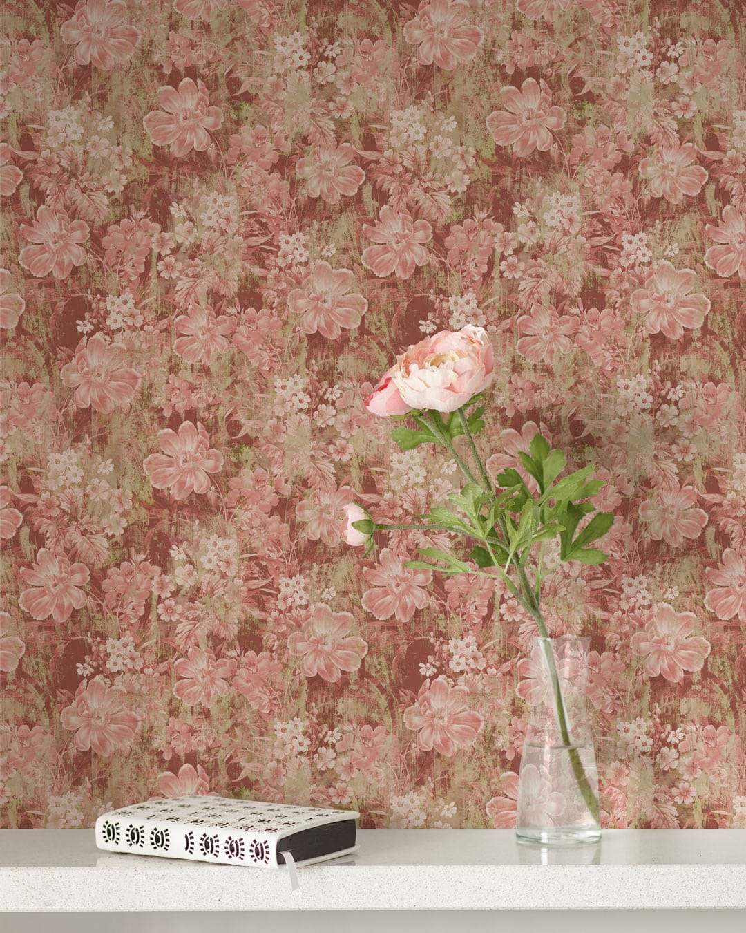CARLOTA - Tapisserie fleurie effet brush rose chambre
