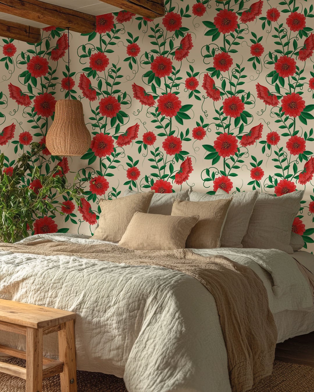 CARMEN - Papier peint fleurs rouges ornementales chambre