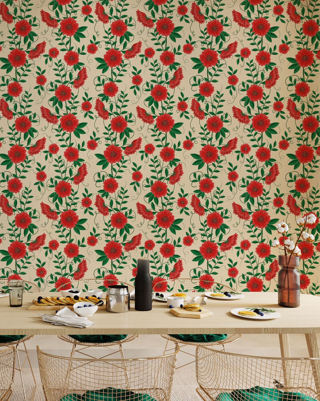 CARMEN - Papier peint fleurs rouges ornementales salle à manger