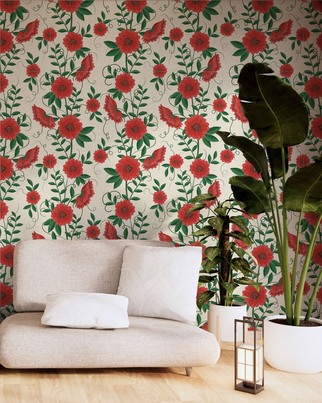 CARMEN - Papier peint fleurs rouges ornementales salon
