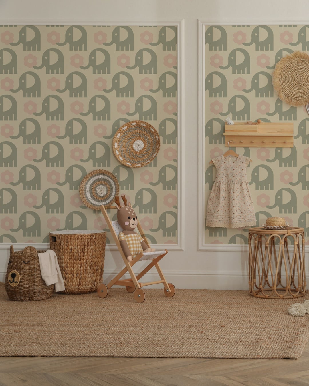 SAM - Papier peint éléphant vintage bébé vert chambre fille