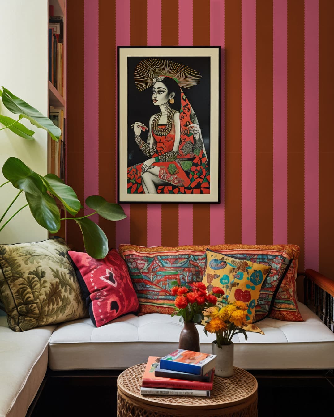 LELIA - Papier peint rayures colorées chic rose salon maximaliste
