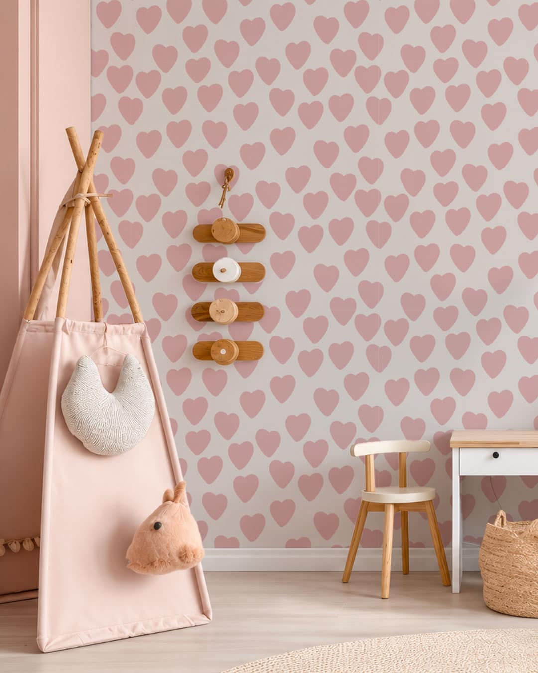 AMOR - Papier peint coeur rouge table de nuit