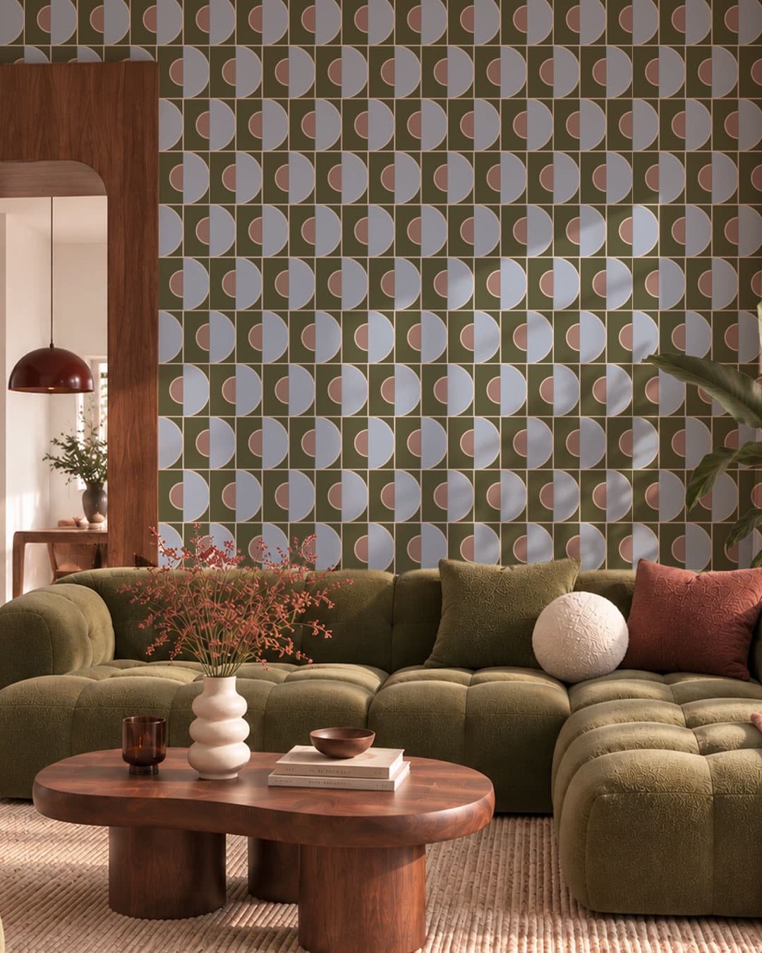 BEATRIX - Papier peint géométrique années 70 vert salon