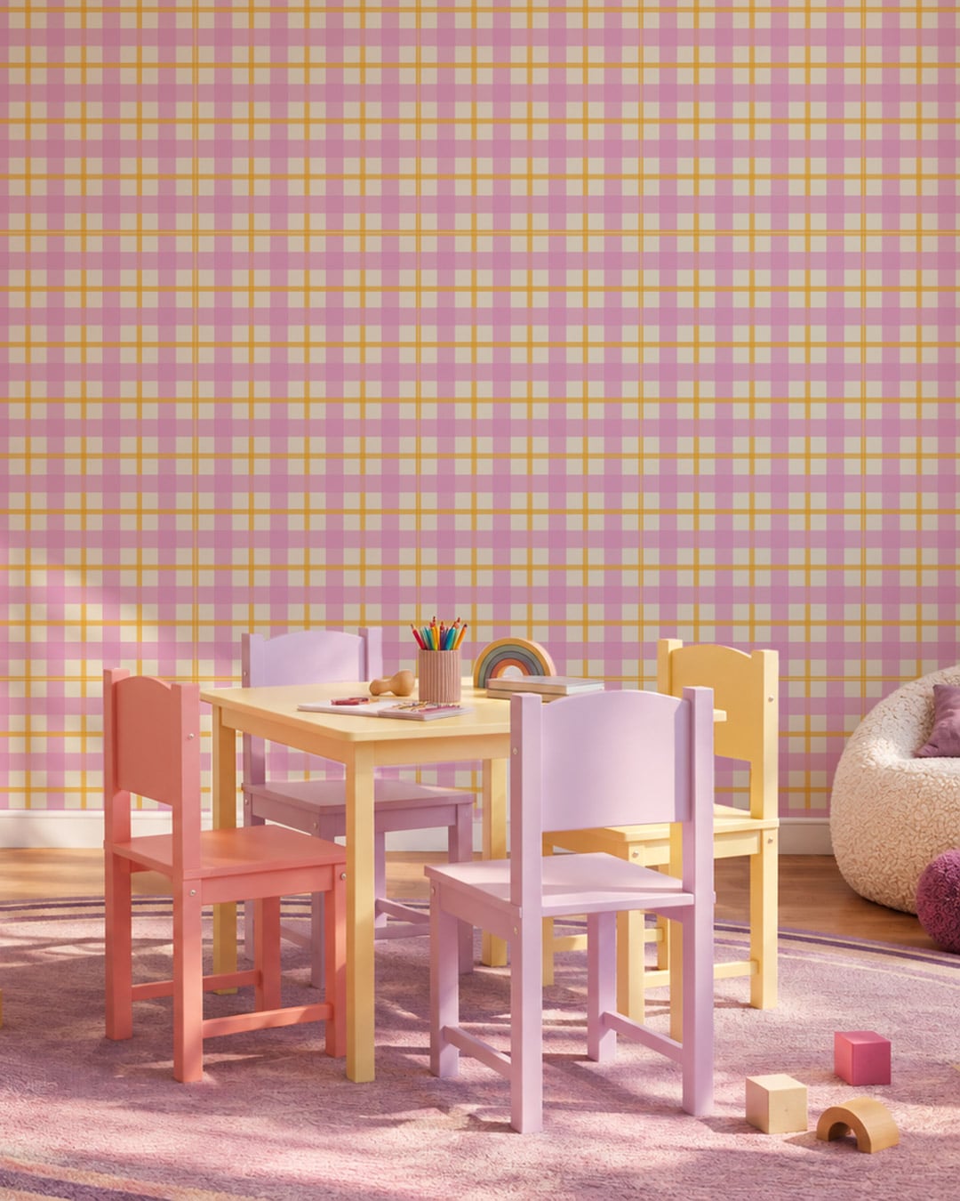 DELPHINE - Papier peint tartan fille rose salle de jeux