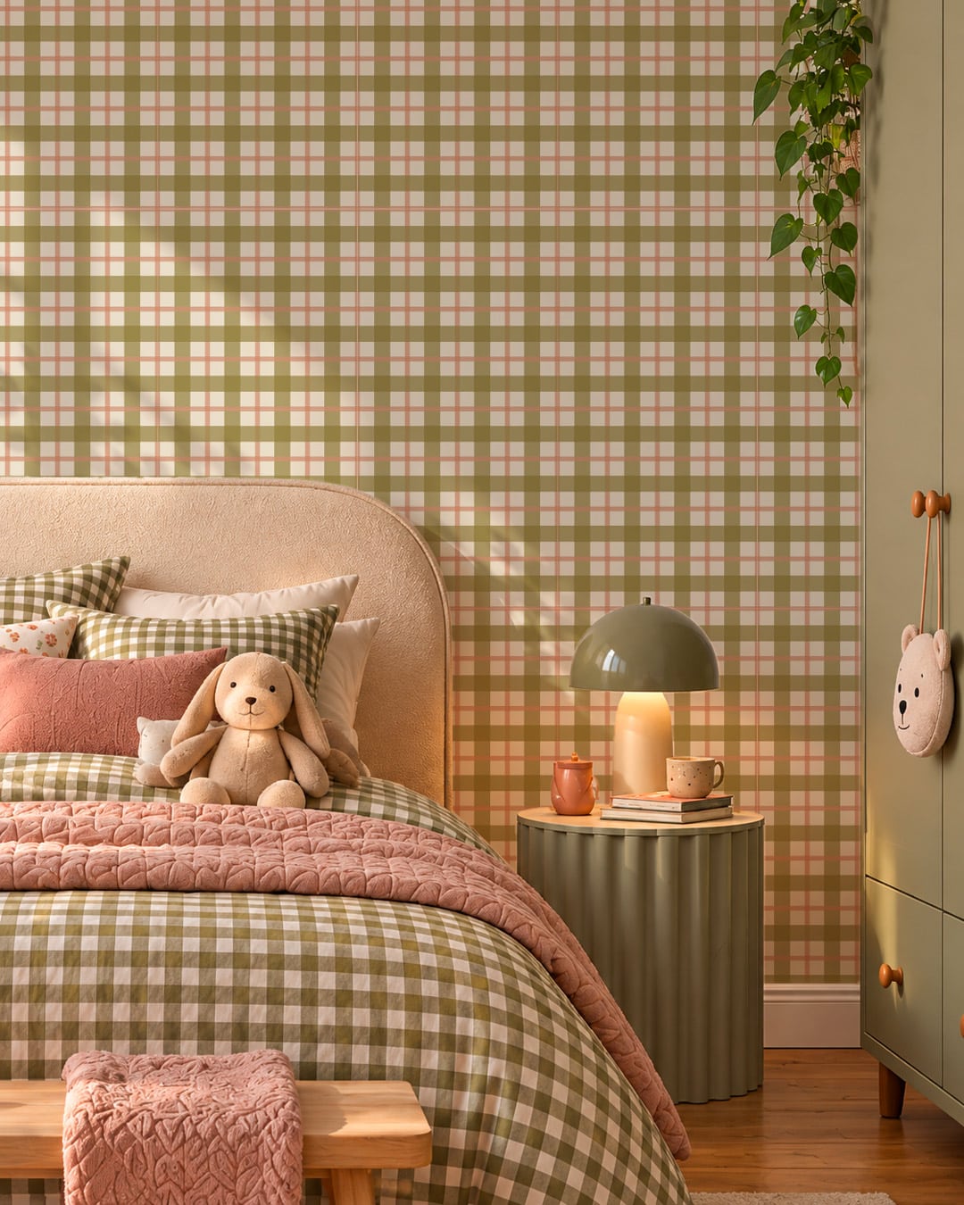 DELPHINE - Papier peint tartan fille vert chambre enfant