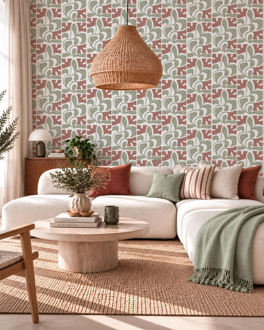 IVANNE - Papier peint vintage fleur graphique vert salon