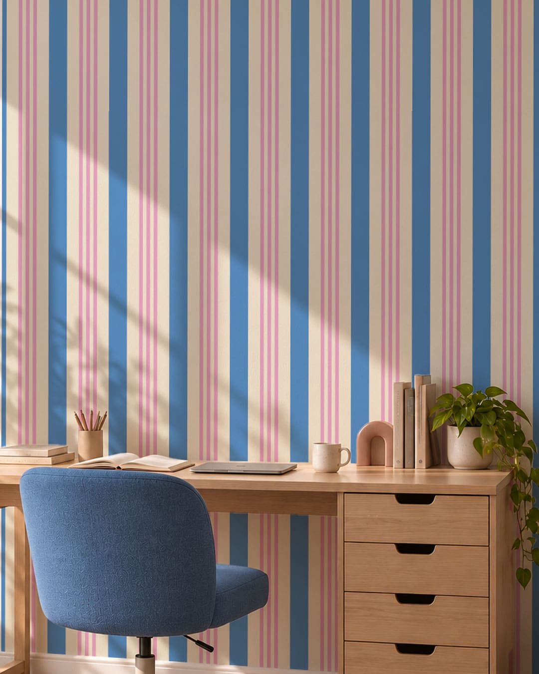 JAMIE - Papier peint rayé 3 bandes rose et bleu bureau