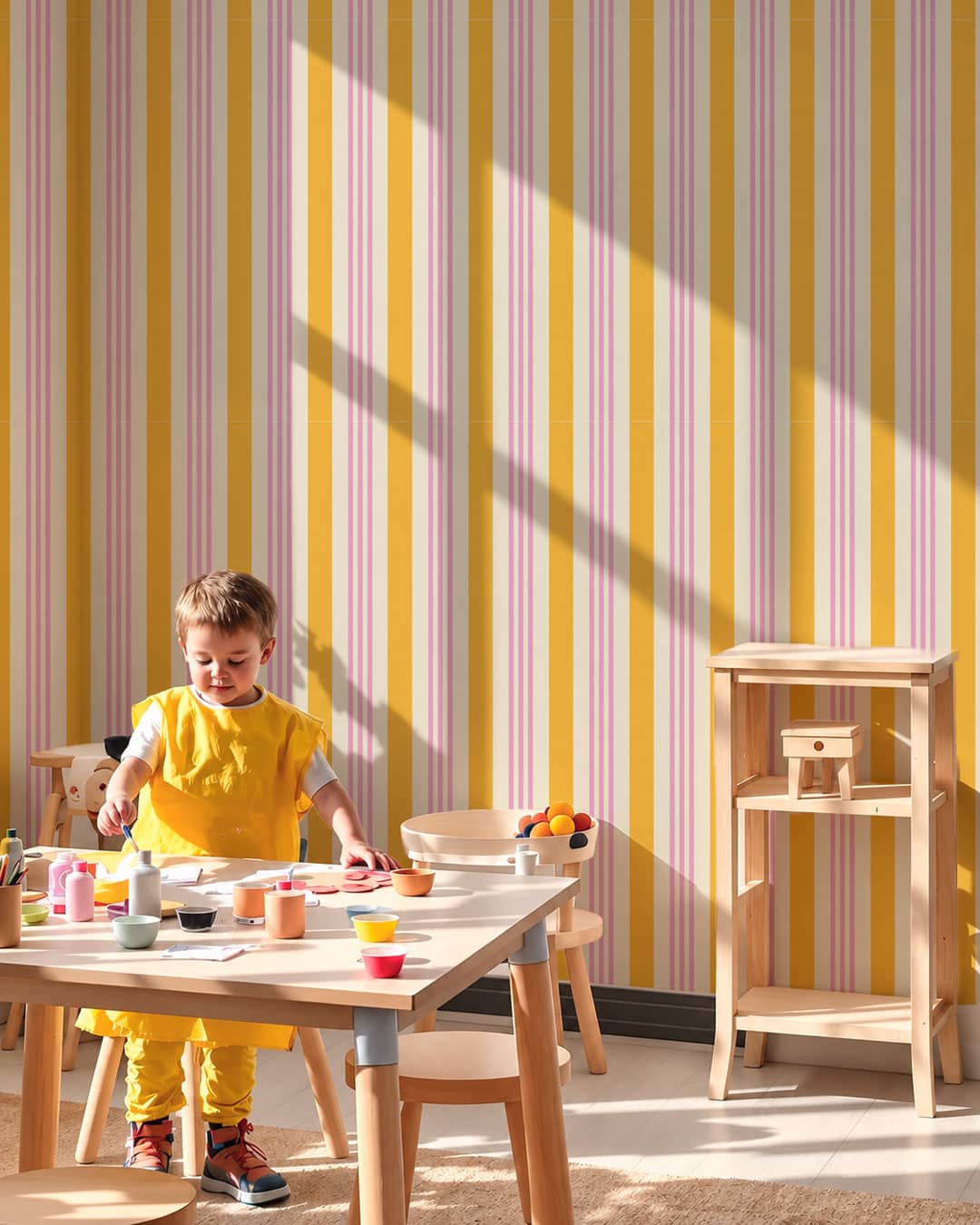 JAMIE - Papier peint rayé 3 bandes rose et jaune salle de jeux