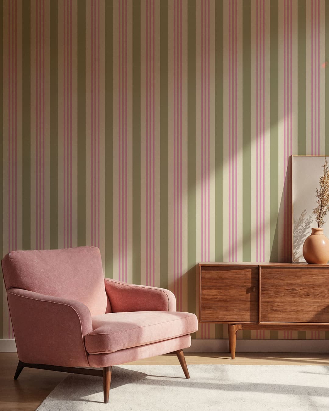 JAMIE - Papier peint rayé 3 bandes rose et vert salon