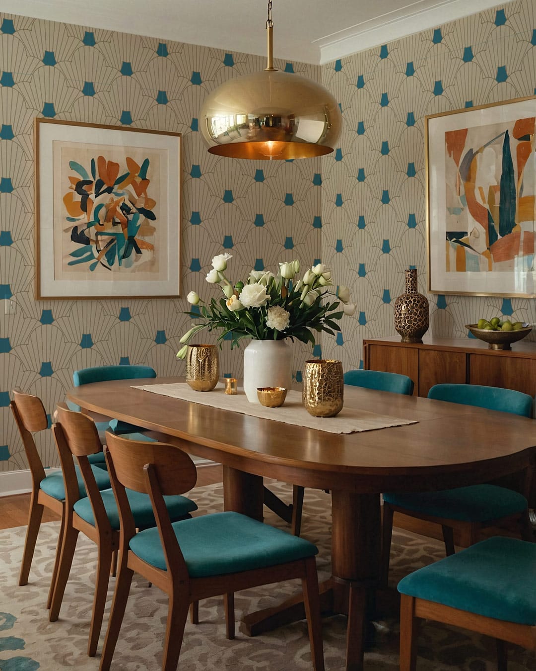 SVETLANA - Papier peint art déco fleur rétro bleu salle à manger