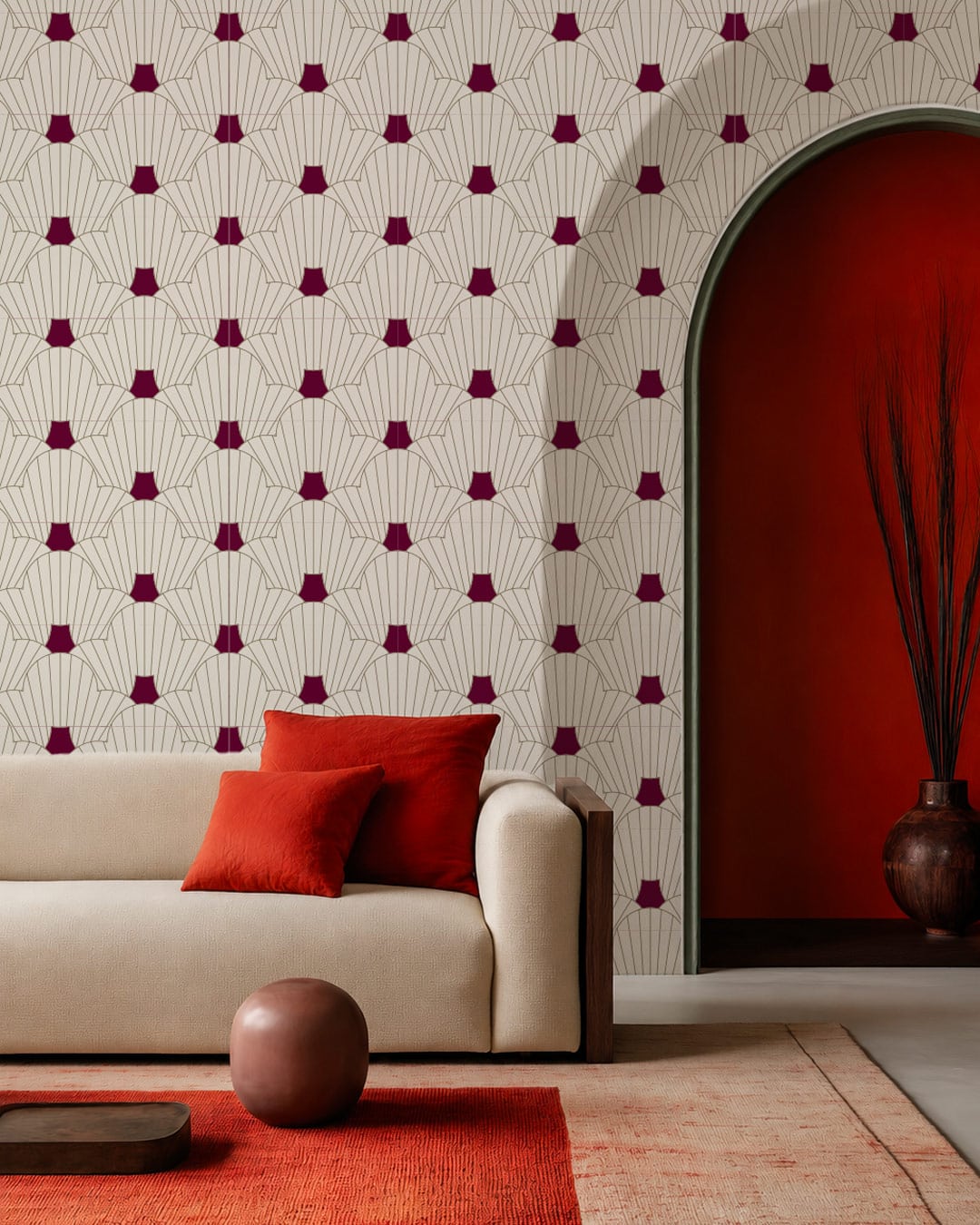 SVETLANA - Papier peint art déco fleur rétro bordeaux salon