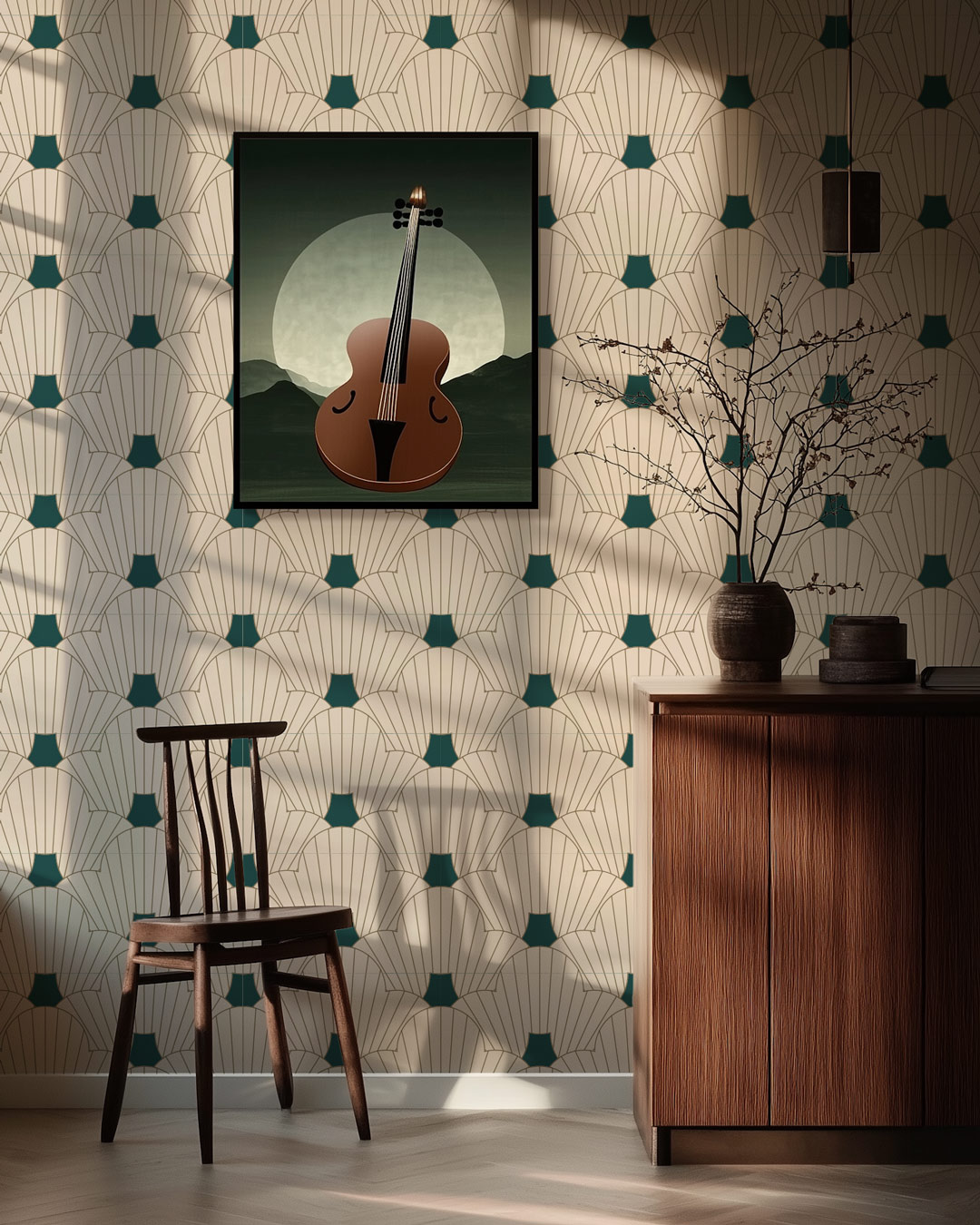 SVETLANA - Papier peint art déco fleur rétro vert entrée