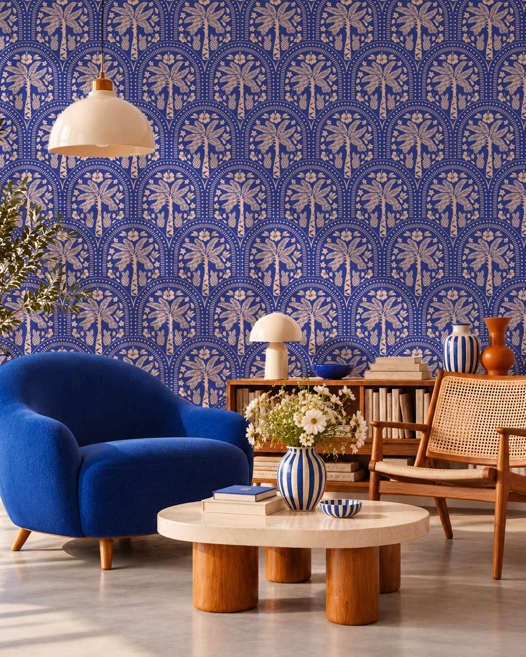 MARCELINE - Papier peint palmier arche moderne bleu salon
